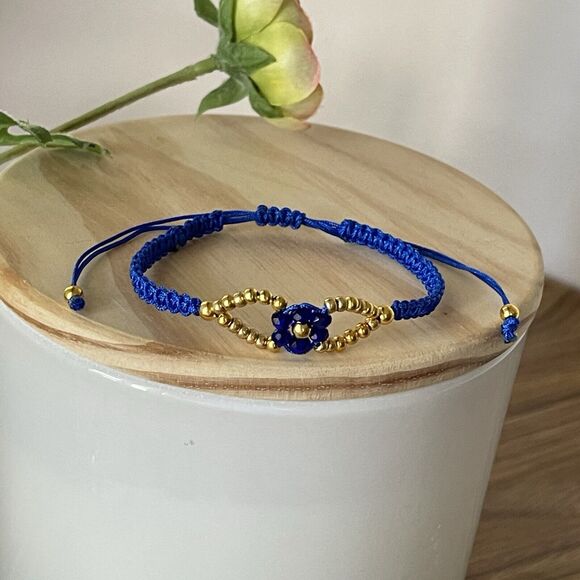 Handmade Blue Macrame Bracelet Gold Beads Flower Adjustable Boho Jewelry Gift - Picture 8 of 11